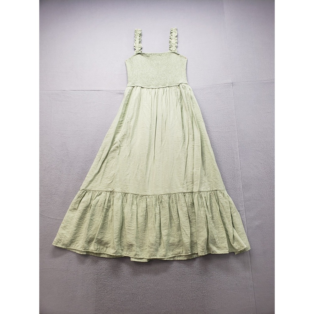 August Sky Women Maxi Dresses L Green Square Neck Smocked Ruffled Straps Casual